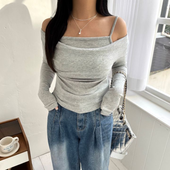 mars韓國代購㊣女裝新款真品25秋冬休閑職業熱賣長袖T恤假兩件mars長袖T恤圖色2