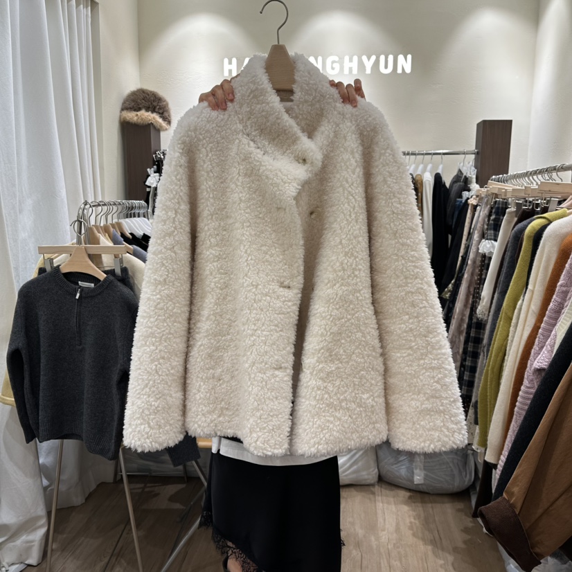 HANSUNGHYUN東大門㊣實拍女裝新款職業休閑人氣夾克含圍巾羊毛HANSUNGHYUN夾克圖色2白色