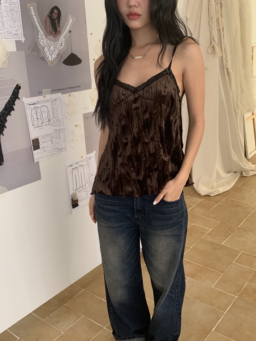 SUNDER MARKET韓國代購㊣女士新品休閑推薦吊帶背心天鵝絨SUNDER MARKET吊帶/背心