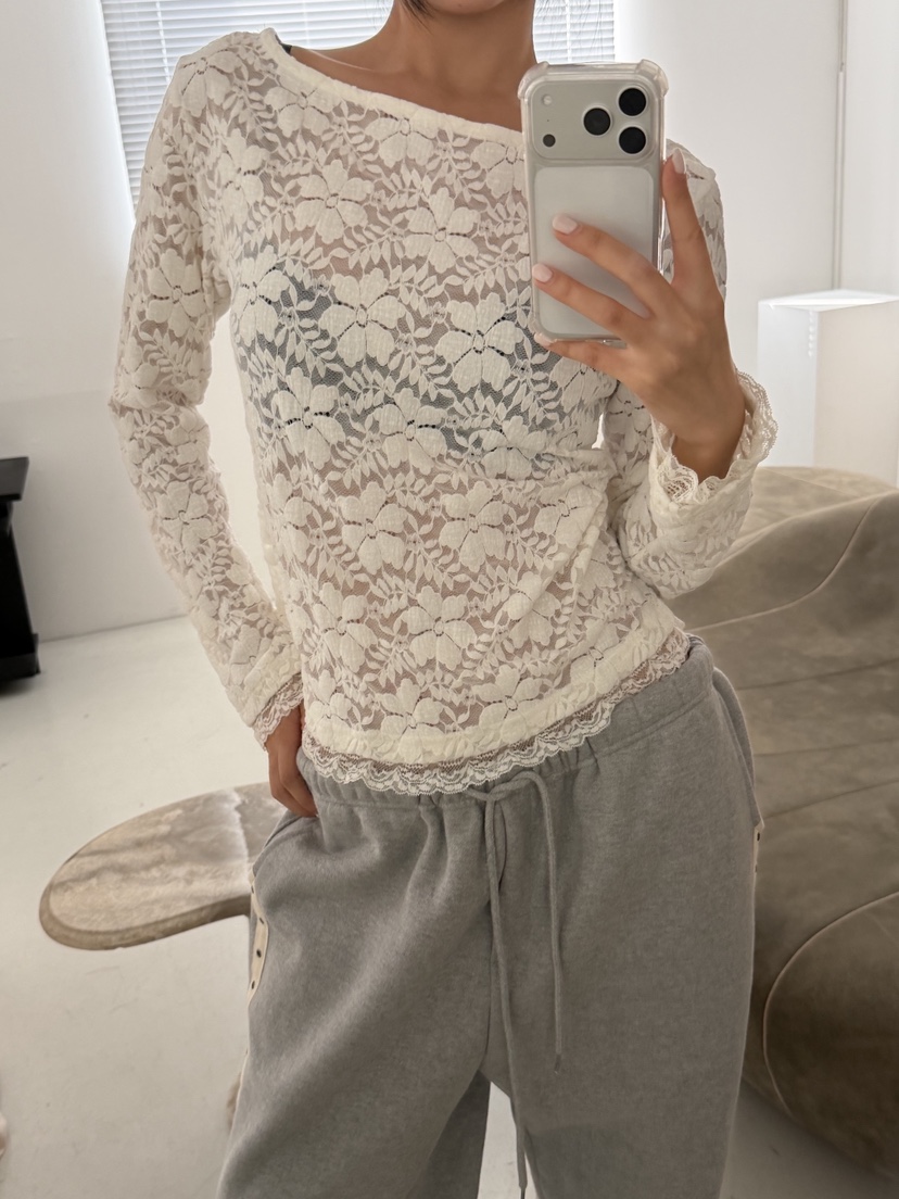 SUNDER MARKET韓國代購㊣女士新款真品人氣長袖T恤天鵝絨蕾絲SUNDER MARKET長袖T恤