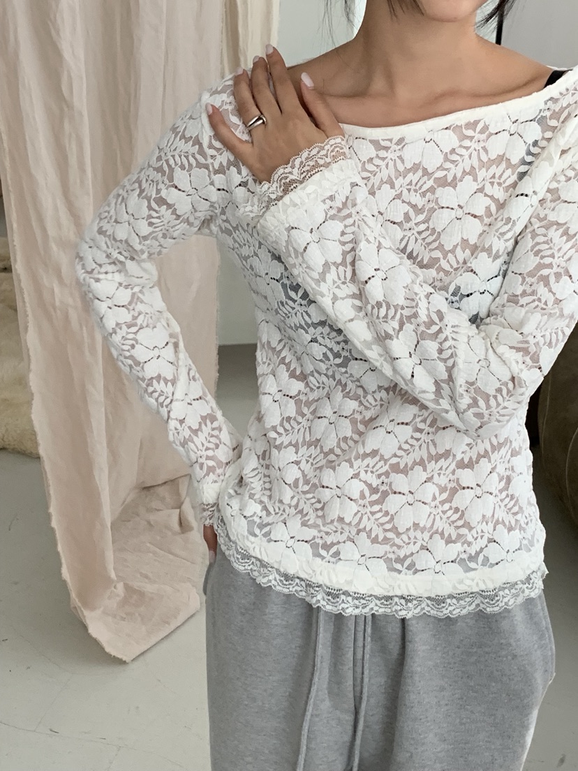 SUNDER MARKET韓國代購㊣女士新款真品人氣長袖T恤天鵝絨蕾絲SUNDER MARKET長袖T恤