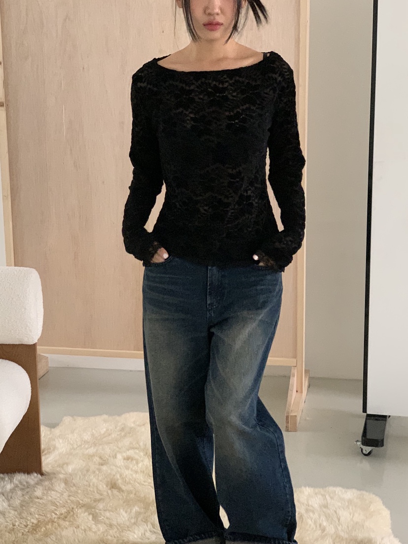 SUNDER MARKET韓國代購㊣女士新款真品人氣長袖T恤天鵝絨蕾絲SUNDER MARKET長袖T恤