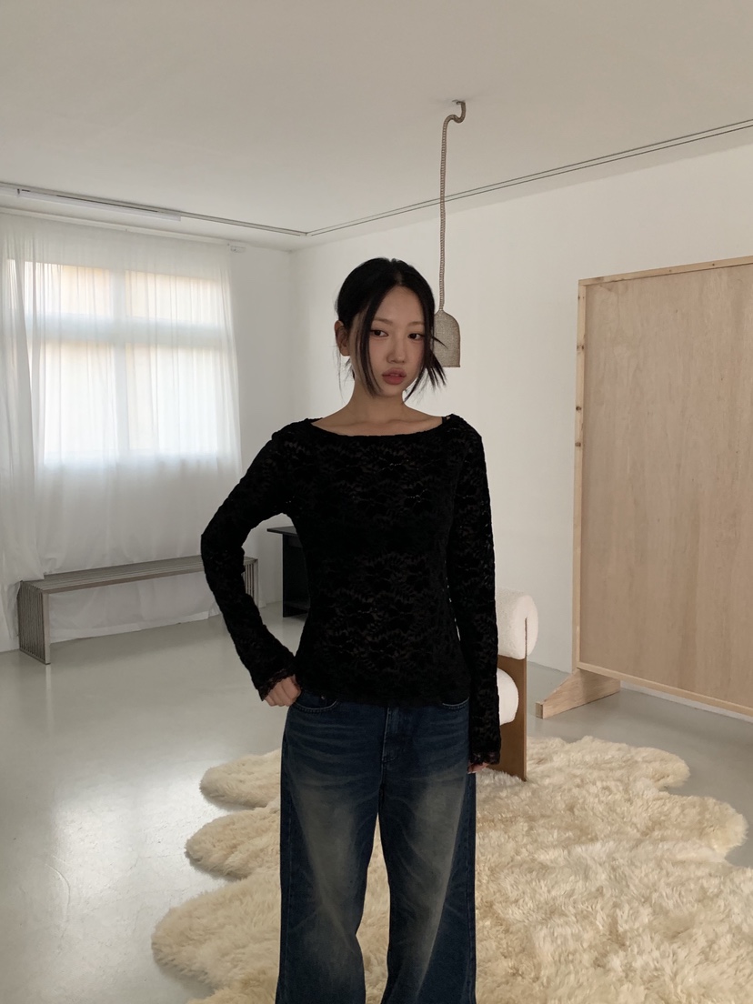 SUNDER MARKET韓國代購㊣女士新款真品人氣長袖T恤天鵝絨蕾絲SUNDER MARKET長袖T恤