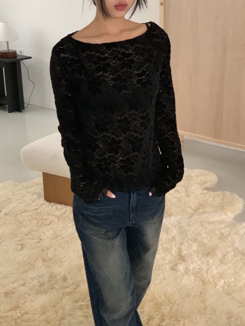 SUNDER MARKET韓國代購㊣女士新款真品人氣長袖T恤天鵝絨蕾絲SUNDER MARKET長袖T恤