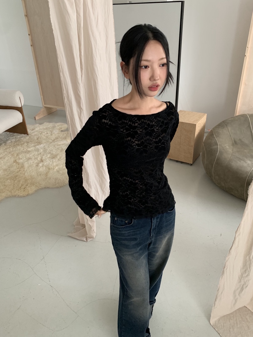 SUNDER MARKET韓國代購㊣女士新款真品人氣長袖T恤天鵝絨蕾絲SUNDER MARKET長袖T恤