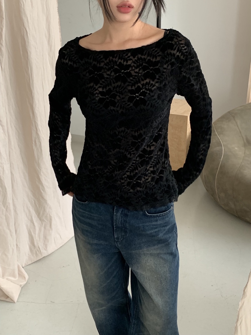 SUNDER MARKET韓國代購㊣女士新款真品人氣長袖T恤天鵝絨蕾絲SUNDER MARKET長袖T恤