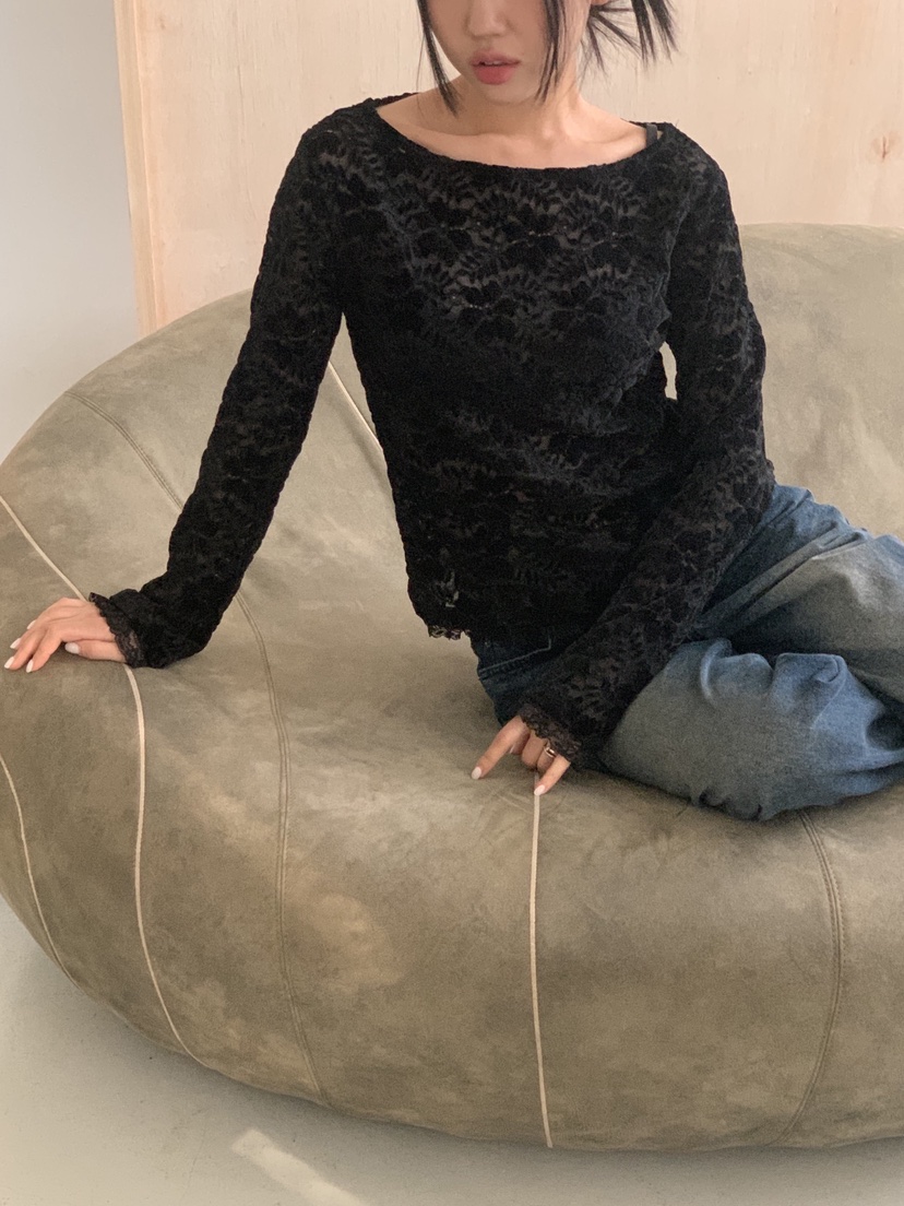 SUNDER MARKET韓國代購㊣女士新款真品人氣長袖T恤天鵝絨蕾絲SUNDER MARKET長袖T恤