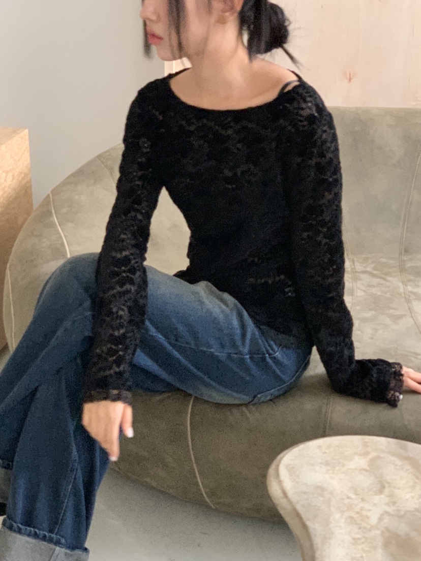 SUNDER MARKET韓國代購㊣女士新款真品人氣長袖T恤天鵝絨蕾絲SUNDER MARKET長袖T恤