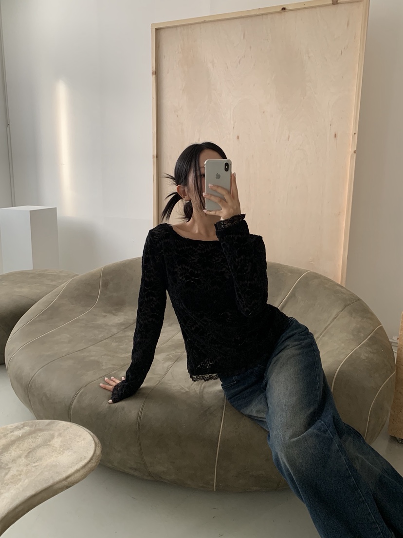 SUNDER MARKET韓國代購㊣女士新款真品人氣長袖T恤天鵝絨蕾絲SUNDER MARKET長袖T恤