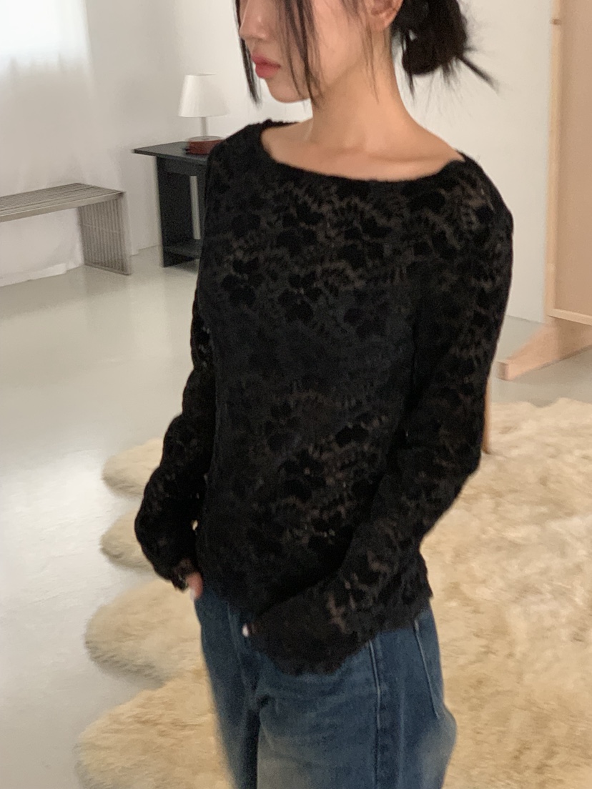 SUNDER MARKET韓國代購㊣女士新款真品人氣長袖T恤天鵝絨蕾絲SUNDER MARKET長袖T恤圖色1