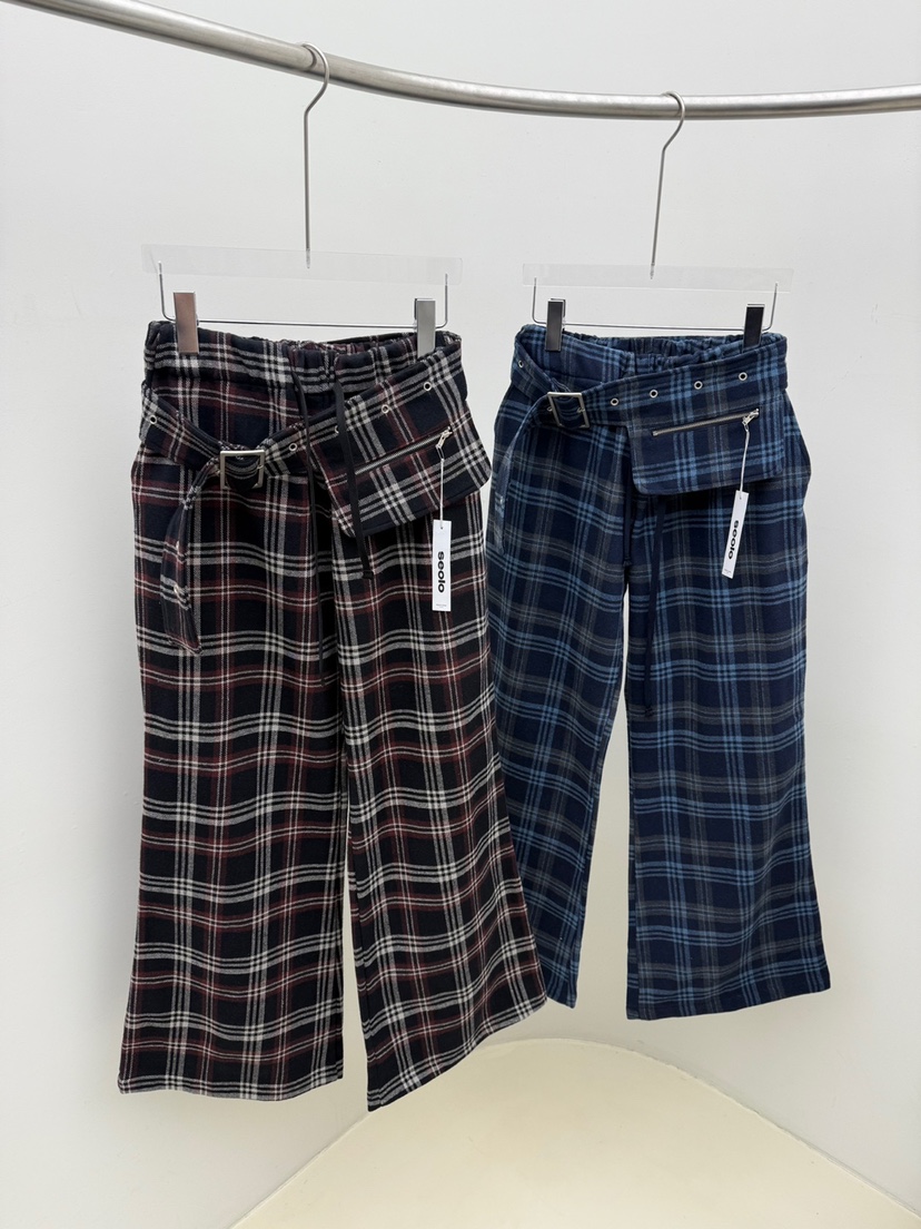 SEOLO韓國代購㊣女士新款人氣推薦時尚休閑褲含腰帶套裝格紋Seolo seoul休閑褲