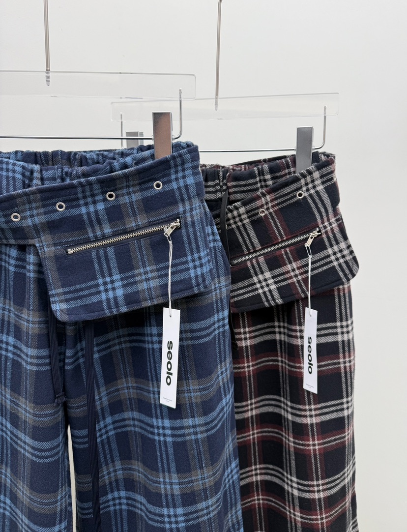 SEOLO韓國代購㊣女士新款人氣推薦時尚休閑褲含腰帶套裝格紋Seolo seoul休閑褲