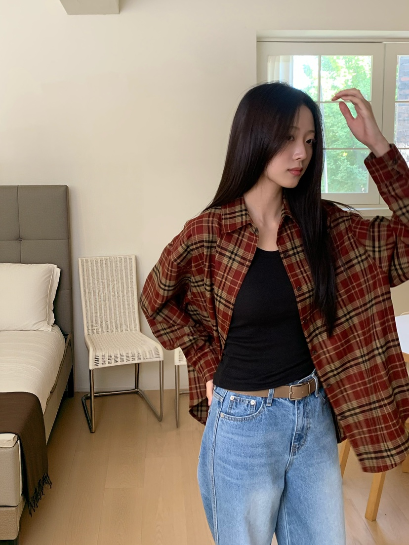 ALOT韓國直郵㊣女士新品真品時尚人氣推薦襯衫蕾絲衫抓絨格子A LOT襯衫/蕾絲衫