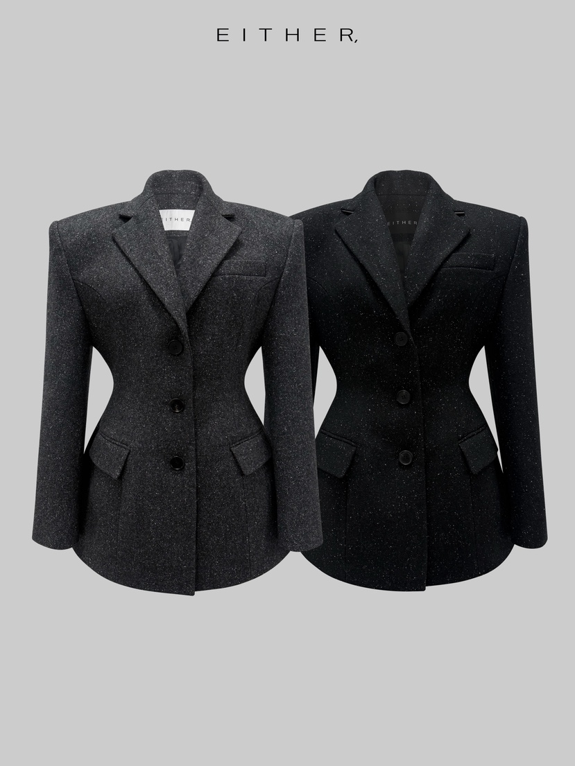 EITHER韓國代購㊣女士新款熱賣職業人氣推薦夾克粗花呢修身EITHER夾克