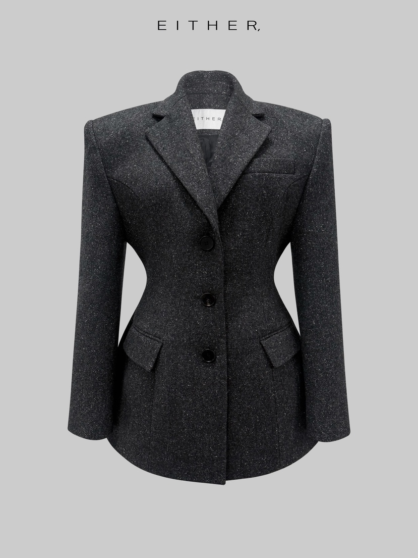 EITHER韓國代購㊣女士新款熱賣職業人氣推薦夾克粗花呢修身EITHER夾克圖色1墨