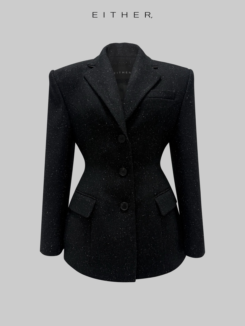 EITHER韓國代購㊣女士新款熱賣職業人氣推薦夾克粗花呢修身EITHER夾克圖色2黑