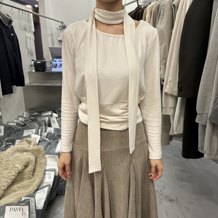 PAVEL韓國代購㊣女裝新品時尚熱賣真品長袖T恤含脖帶褶皺圍巾PAVEL長袖T恤圖色1
