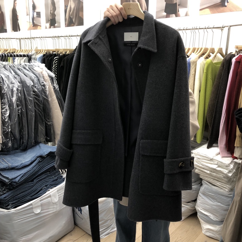 MOI-A韓國代購㊣女裝新品休閑人氣短款大衣手工制作含腰帶MOI-A短款大衣圖色2