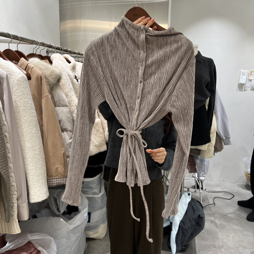 CHAE韓國代購㊣女士新品25秋冬人氣休閑襯衫蕾絲衫高領褶裥CHAE襯衫/蕾絲衫圖色2