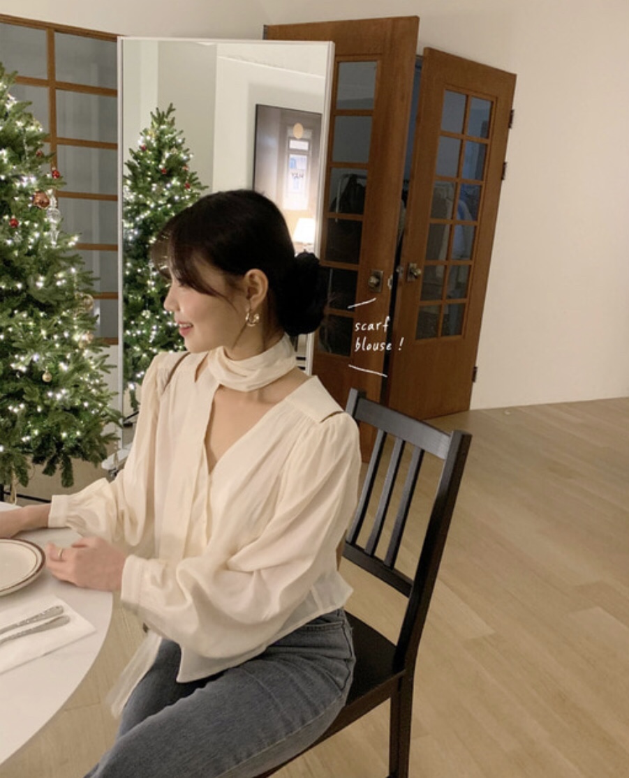 LETAILOR韓國代購㊣女裝新款熱賣休閑襯衫蕾絲衫含脖帶圍巾LETAILOR襯衫/蕾絲衫