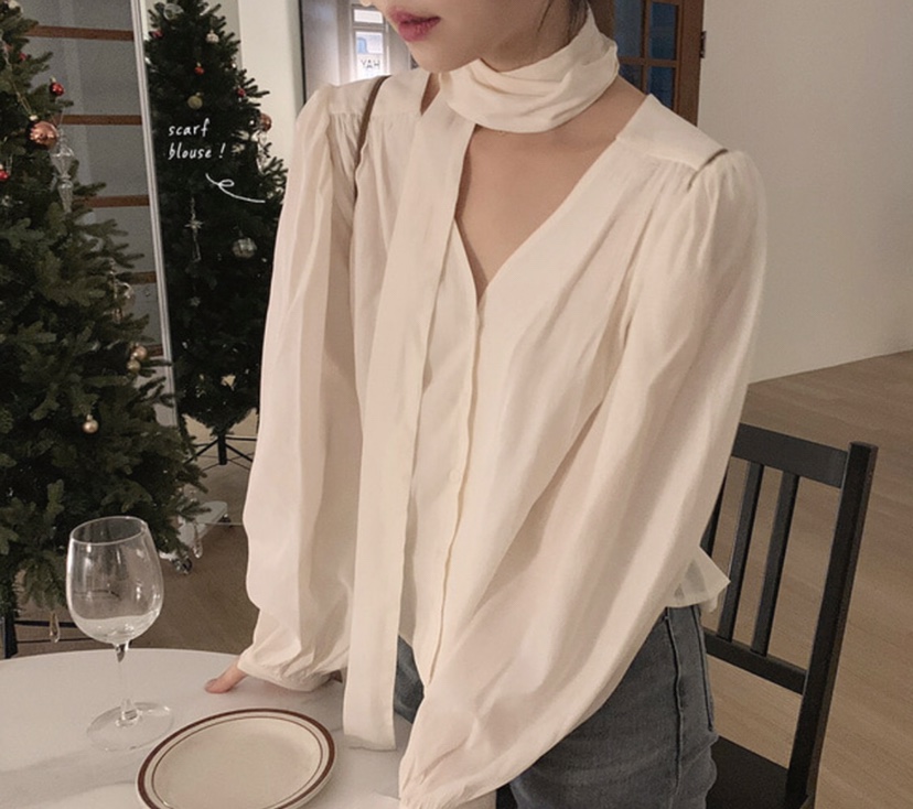 LETAILOR韓國代購㊣女裝新款熱賣休閑襯衫蕾絲衫含脖帶圍巾LETAILOR襯衫/蕾絲衫