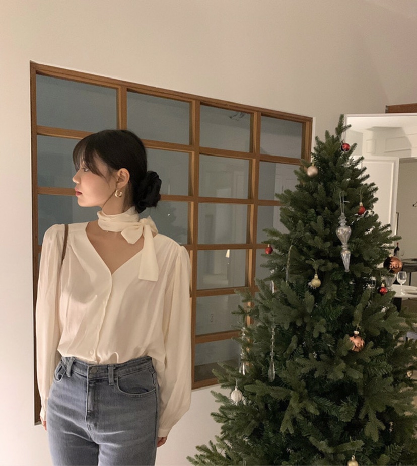 LETAILOR韓國代購㊣女裝新款熱賣休閑襯衫蕾絲衫含脖帶圍巾LETAILOR襯衫/蕾絲衫