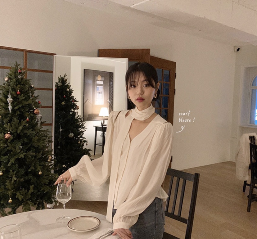 LETAILOR韓國代購㊣女裝新款熱賣休閑襯衫蕾絲衫含脖帶圍巾LETAILOR襯衫/蕾絲衫