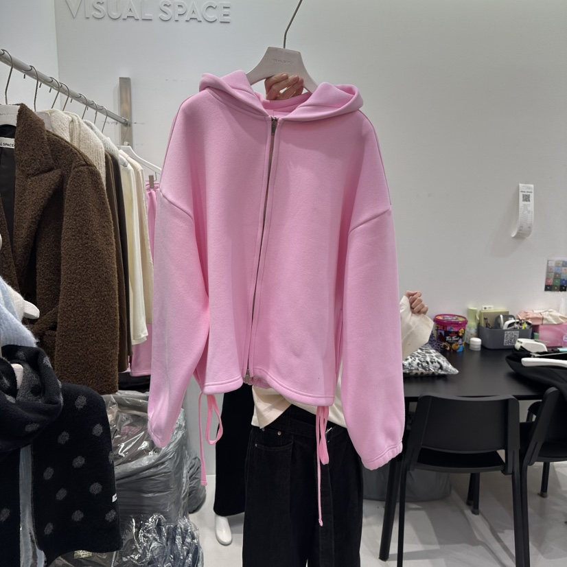 VISUAL SPACE韓國代購㊣女裝新款25秋冬衛衣加絨抓絨拉鏈連帽VISUAL SPACE衛衣圖色1