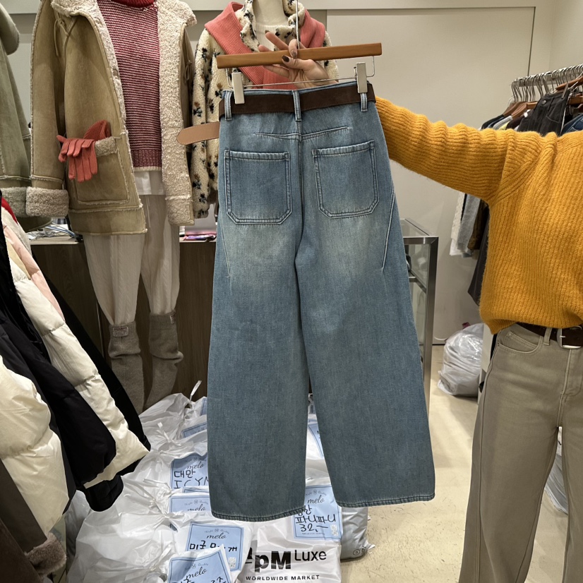 MELO東大門㊣實拍女裝新款職業人氣推薦熱賣牛仔褲含腰帶加絨MELO牛仔褲