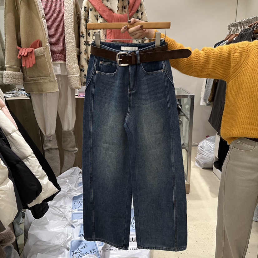MELO東大門㊣實拍女裝新款職業人氣推薦熱賣牛仔褲含腰帶加絨MELO牛仔褲圖色2