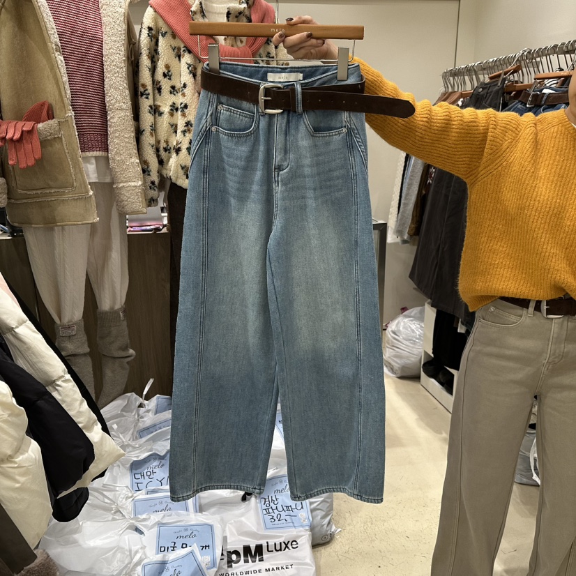 MELO東大門㊣實拍女裝新款職業人氣推薦熱賣牛仔褲含腰帶加絨MELO牛仔褲圖色3