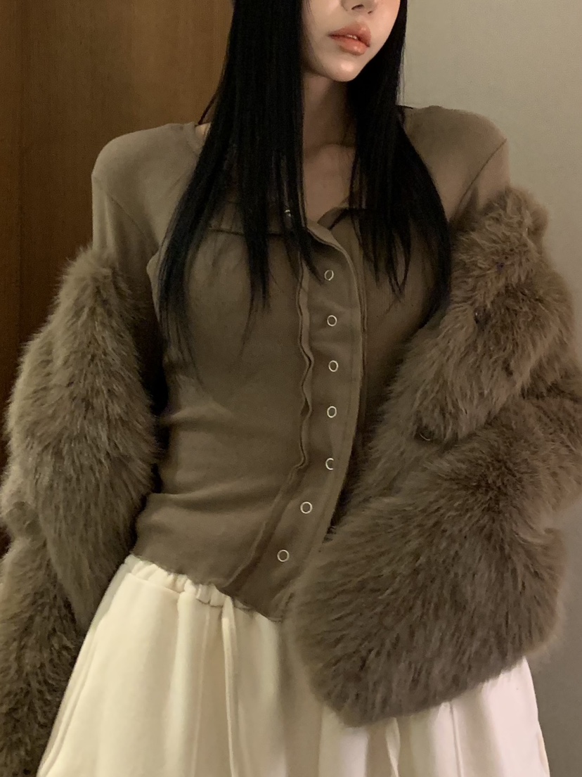 BADCALM韓國代購㊣女裝新品時尚休閑人氣熱賣短款大衣毛皮狐貍BADCALM短款大衣