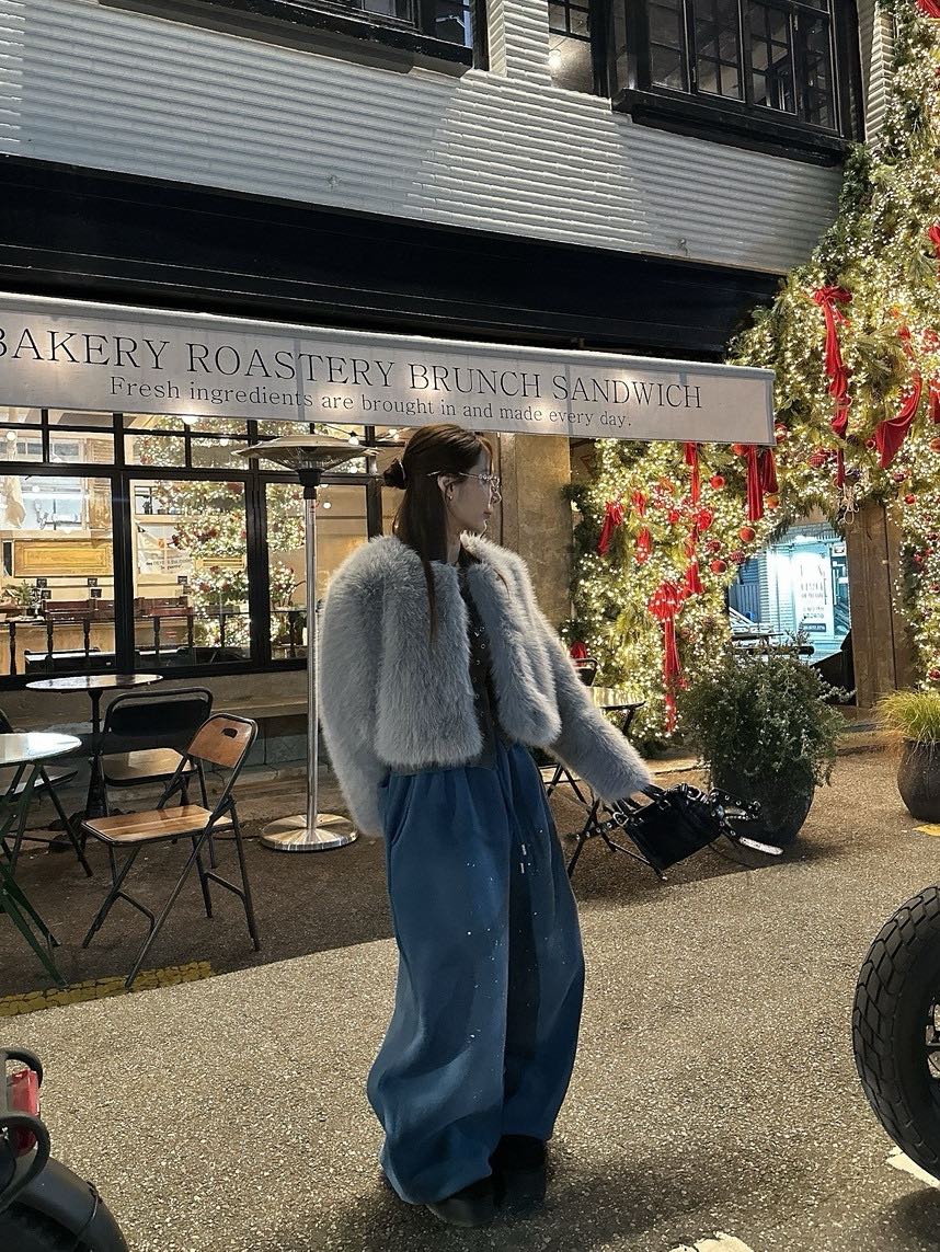 BADCALM韓國代購㊣女裝新品時尚休閑人氣熱賣短款大衣毛皮狐貍BADCALM短款大衣