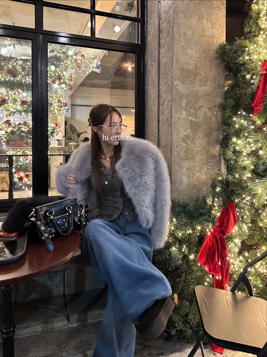 BADCALM韓國代購㊣女裝新品時尚休閑人氣熱賣短款大衣毛皮狐貍BADCALM短款大衣