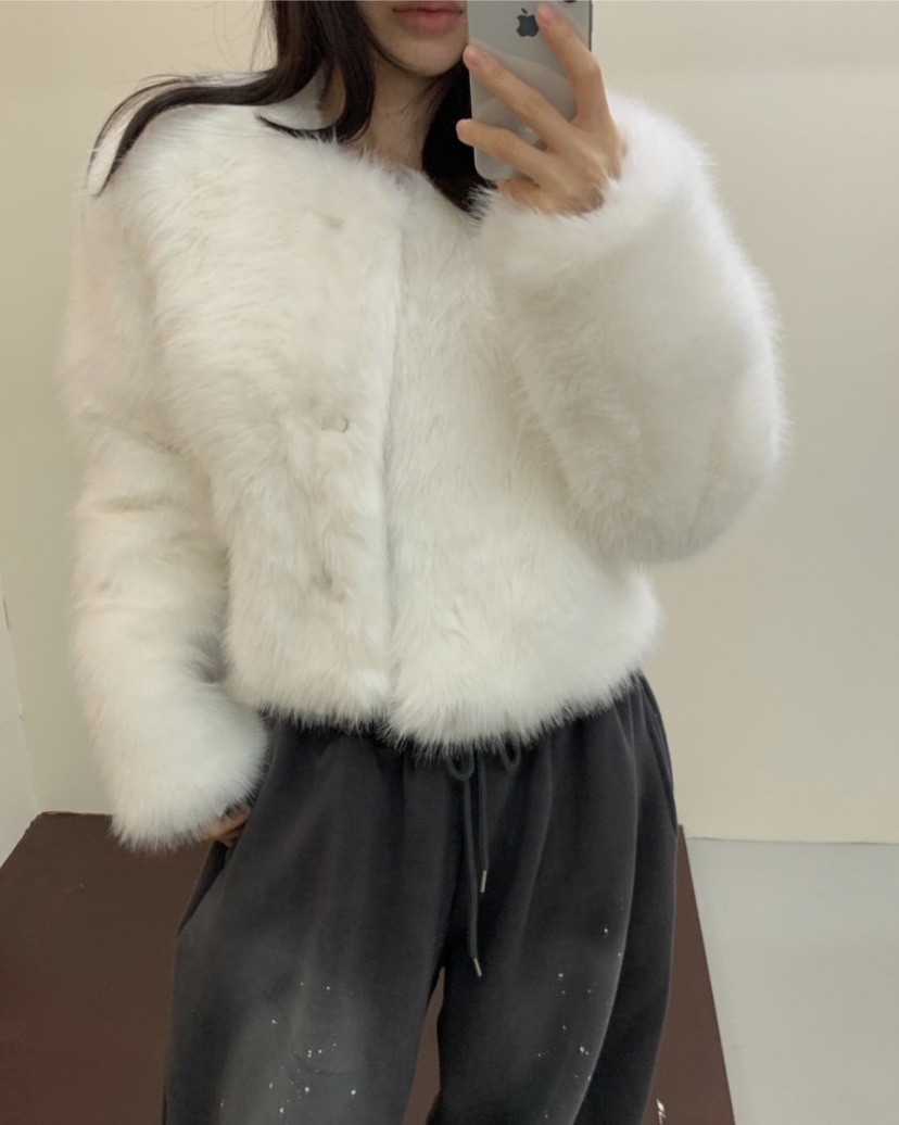 BADCALM韓國代購㊣女裝新品時尚休閑人氣熱賣短款大衣毛皮狐貍BADCALM短款大衣