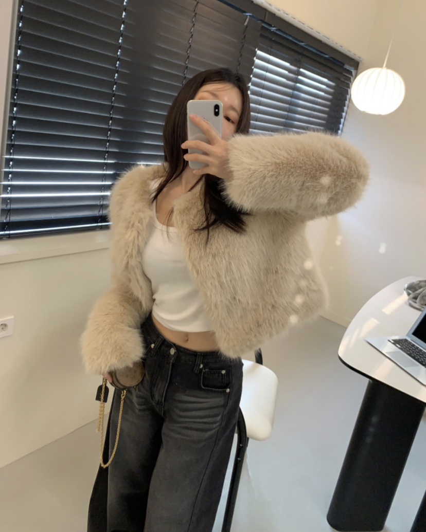 BADCALM韓國代購㊣女裝新品時尚休閑人氣熱賣短款大衣毛皮狐貍BADCALM短款大衣