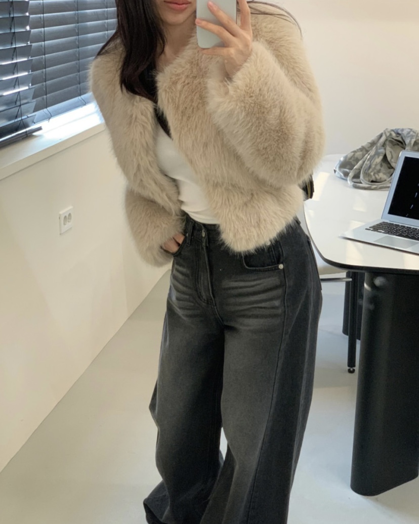 BADCALM韓國代購㊣女裝新品時尚休閑人氣熱賣短款大衣毛皮狐貍BADCALM短款大衣