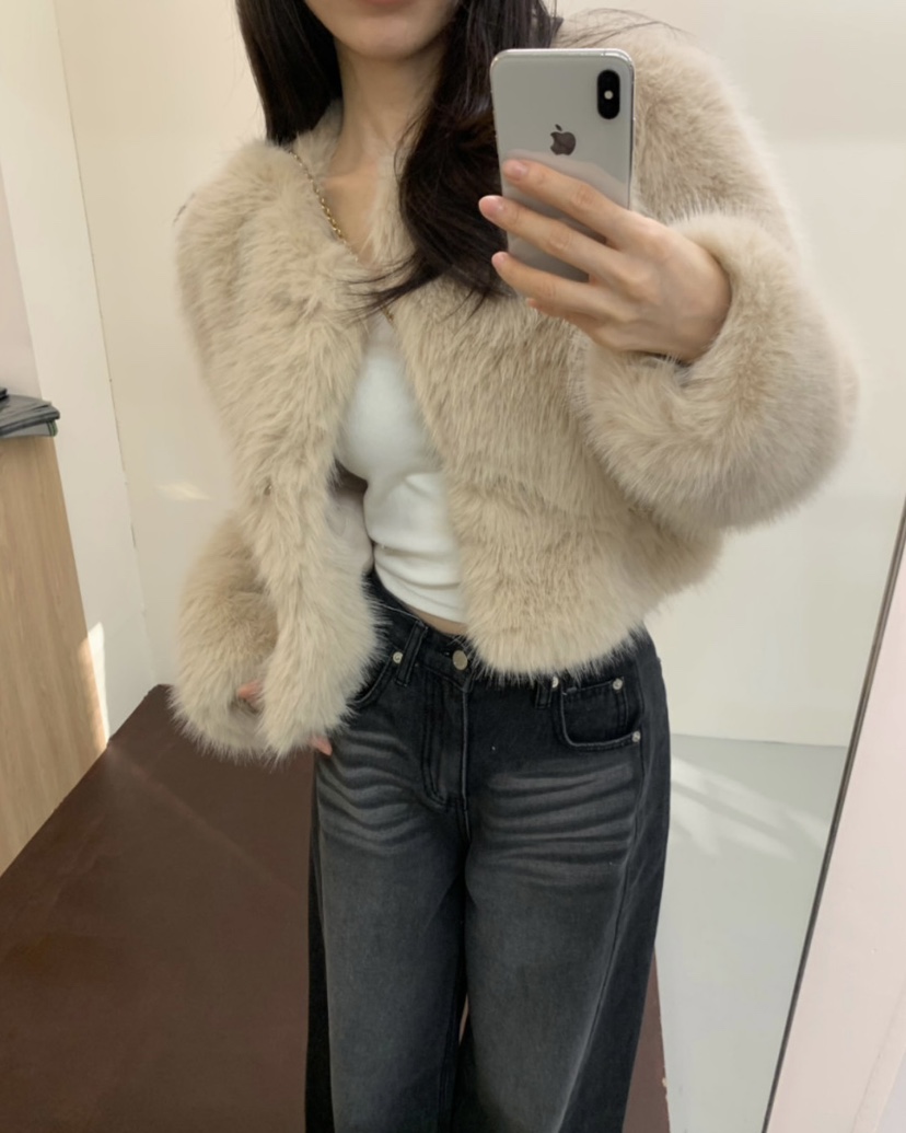 BADCALM韓國代購㊣女裝新品時尚休閑人氣熱賣短款大衣毛皮狐貍BADCALM短款大衣