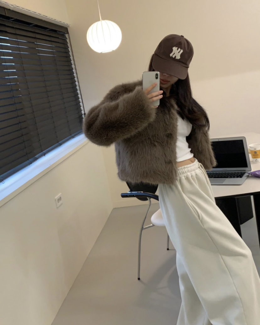 BADCALM韓國代購㊣女裝新品時尚休閑人氣熱賣短款大衣毛皮狐貍BADCALM短款大衣