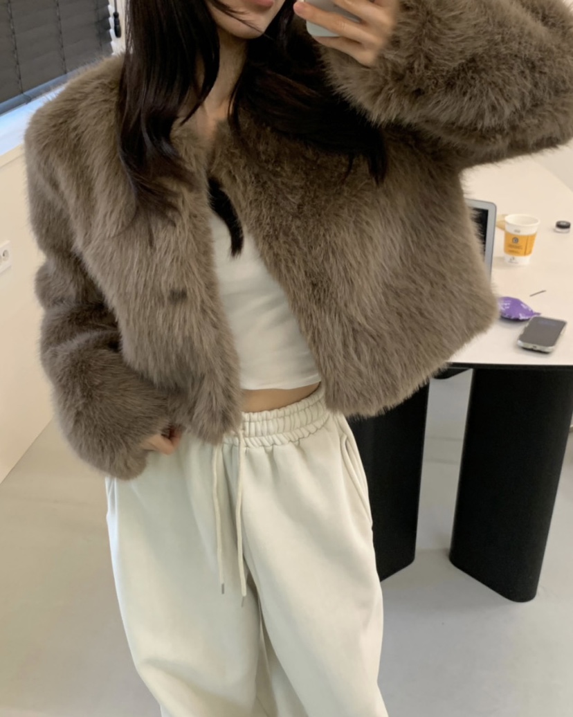 BADCALM韓國代購㊣女裝新品時尚休閑人氣熱賣短款大衣毛皮狐貍BADCALM短款大衣