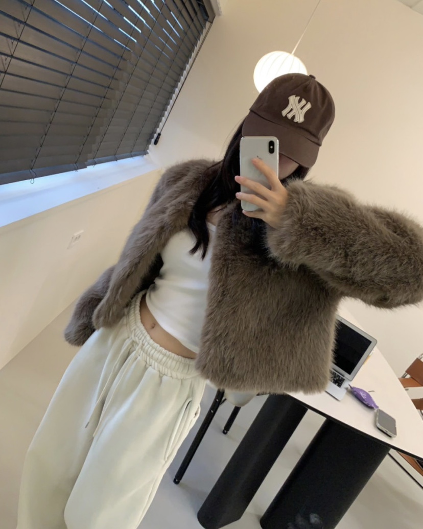 BADCALM韓國代購㊣女裝新品時尚休閑人氣熱賣短款大衣毛皮狐貍BADCALM短款大衣