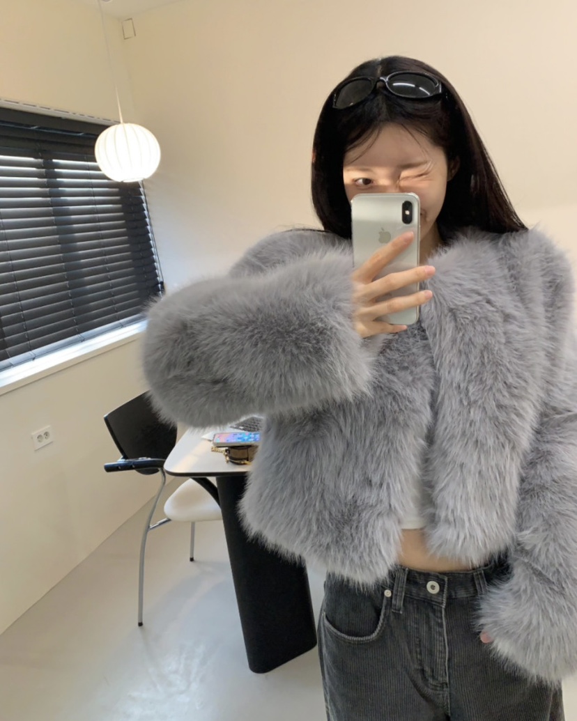 BADCALM韓國代購㊣女裝新品時尚休閑人氣熱賣短款大衣毛皮狐貍BADCALM短款大衣