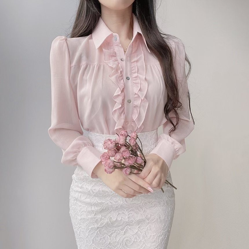 OLIVIA韓國代購㊣女裝新品人氣推薦襯衫蕾絲衫可愛的荷葉邊OLIVIA襯衫/蕾絲衫