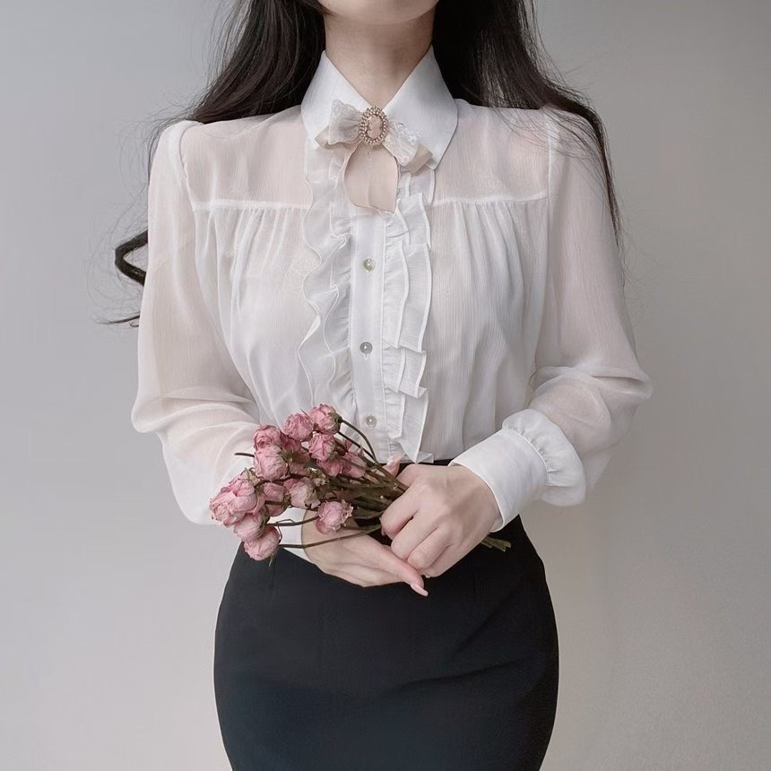 OLIVIA韓國代購㊣女裝新品人氣推薦襯衫蕾絲衫可愛的荷葉邊OLIVIA襯衫/蕾絲衫