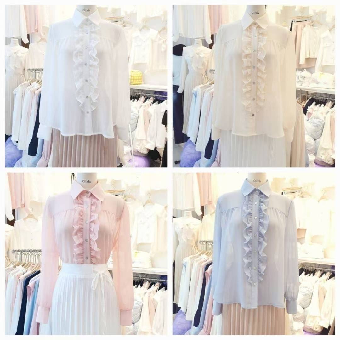 OLIVIA韓國代購㊣女裝新品人氣推薦襯衫蕾絲衫可愛的荷葉邊OLIVIA襯衫/蕾絲衫