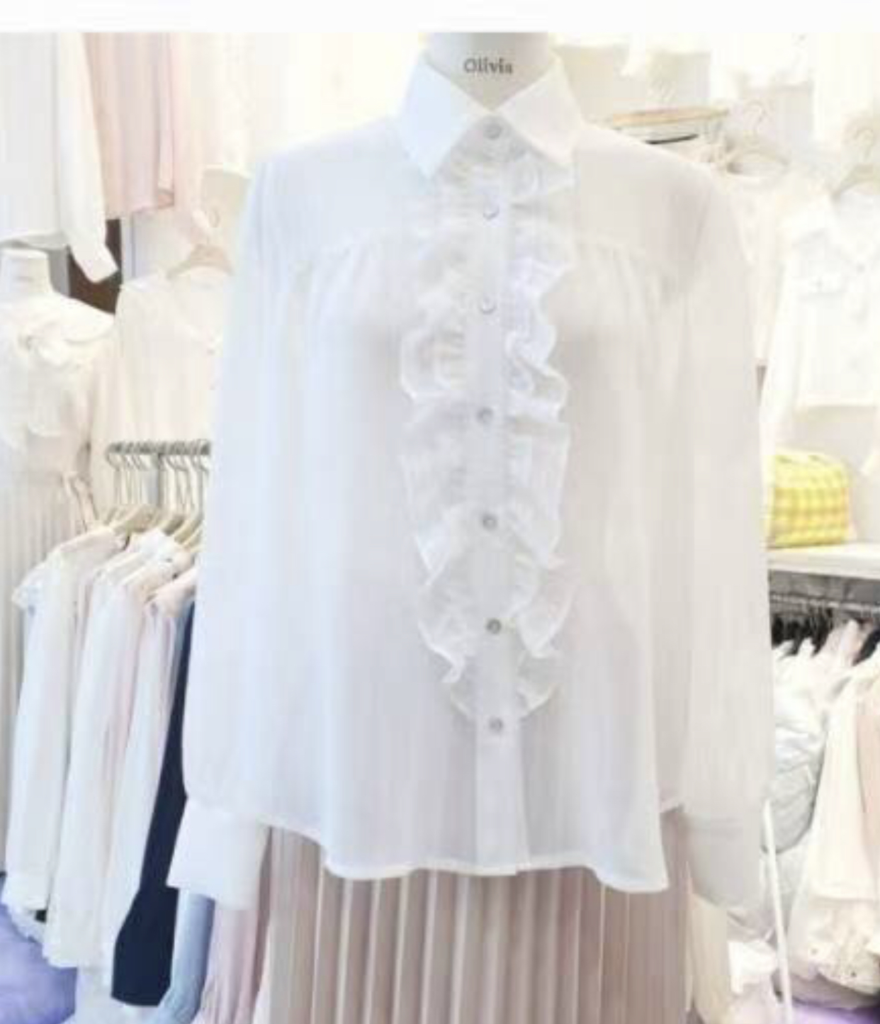 OLIVIA韓國代購㊣女裝新品人氣推薦襯衫蕾絲衫可愛的荷葉邊OLIVIA襯衫/蕾絲衫圖色1