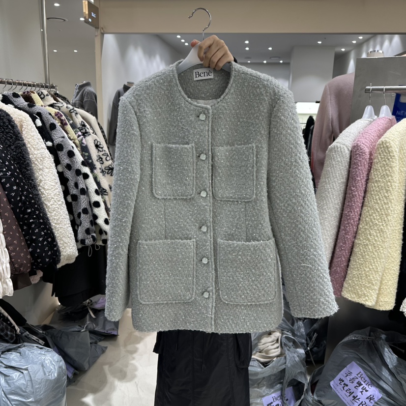 BENE韓國代購㊣女裝新款人氣25秋冬推薦時尚夾克粗花呢羊毛BENE夾克圖色4