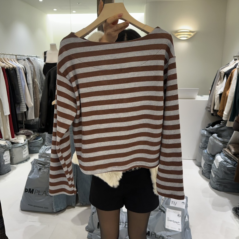 AVECNOUS韓國代購㊣女士新款真品休閑25秋冬熱賣長袖T恤露肩AVECNOUS長袖T恤