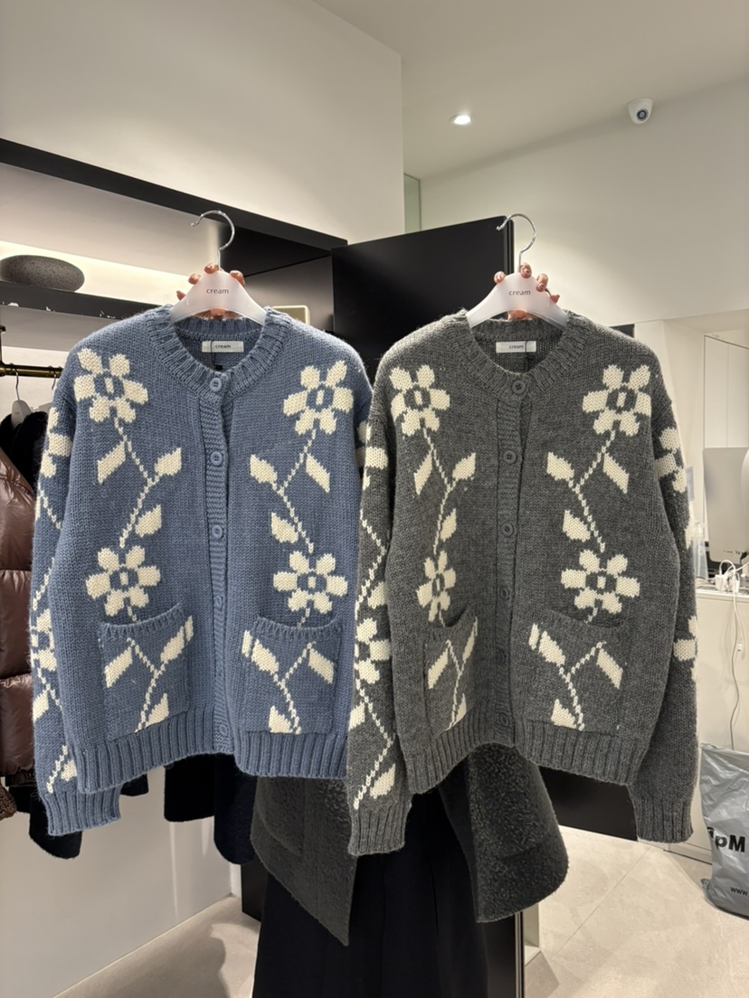 CREAM-P韓國代購㊣女士新品休閑25秋冬職業針織衫花朵開衫CREAM-P針織衫