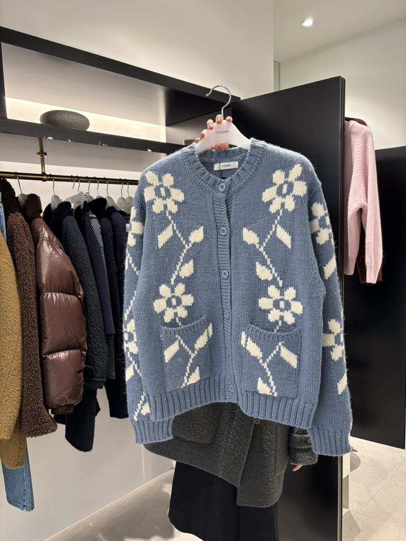 CREAM-P韓國代購㊣女士新品休閑25秋冬職業針織衫花朵開衫CREAM-P針織衫圖色1